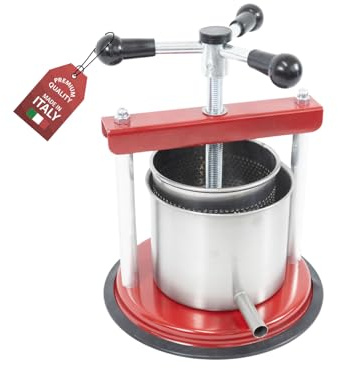 OWIJI Torchietto Premitutto Acciaio Inox Diametro 16 cm Capacità 3,5 Litri Pressa Manuale Premitura Mirto Liquori Spremute Succhi Frutta Agrumi Alimenti Carne Melanzane Conserve