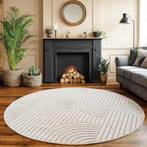 SIMPEX Teppich Rund 80 cm Creme Boho Design Bouclé Schlingenflor Skandi Stil Modern Weich Strapazierfähig Pflegeleicht runder Teppich für Wohnzimmer Beistelltisch Schlafzimmer