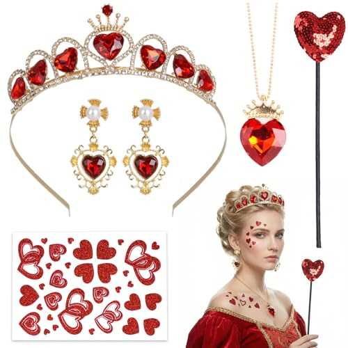 Tgsedr Herzkönigin Kostüm Zubehör Damen Herz Königin Krone Haarreif Rot Herz Kostüm Accessoires Kit für Halloween Karneval Cosplay Party