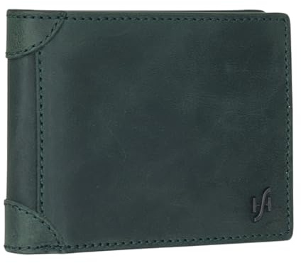 STARHIDE Men’s RFID Blocking Genuine Distressed Hunter Leather Bifold Wallet with 2 ID Card Windows – Soft Real Leather Card Holder Purse Model 1145 (Hunter Green)