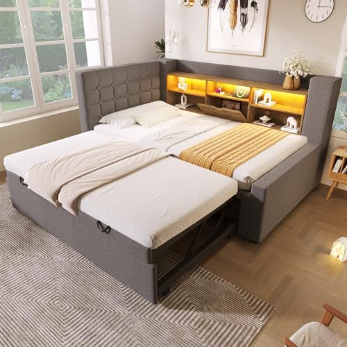 3ft Single LED Daybed with Pull out Trundle Bed&Storage&USB Charging, Functional Upholstered Bed with Slats, Linen Storage Bed Frame Sofa Beds Guest Beds for Living Room&Bedroom, No Mattress, Grey