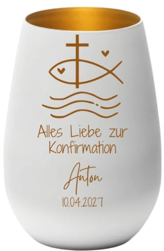 Windlicht Konfirmation | 9 Motive | personalisiertes Geschenk zur Konfirmation Mädchen & Junge | graviertes Windlicht mit Spruch, Name & Datum | Glas Teelicht schwarz weiß (Weiß, Motiv 8)