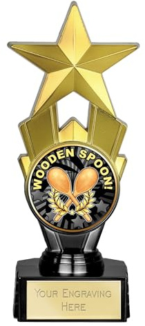 TROPHIESPLUSMEDALS Booby Prize Wooden Spoon Award Star Trophy, 18cm | Gold finish star award on a stylish black base, free engraving. Ideal for novelty joke awards. Size 7W x 5.8D x 18H cm.