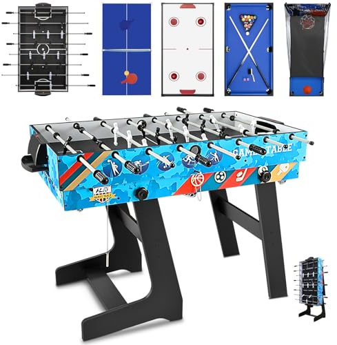 Hyner Klappbarer Multifunktionsspieltisch (123 cm) – 5-in-1: Tischfußballtische, Airhockey Tisch, Billardtisch, Tischtennis, Basketball – Für 2-4 Personen – Wohnzimmer, Party, Freizeit