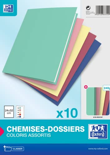 OXFORD Lot De 10 Chemises 24x32cm Couverture De Carte 240g Couleurs Assorties