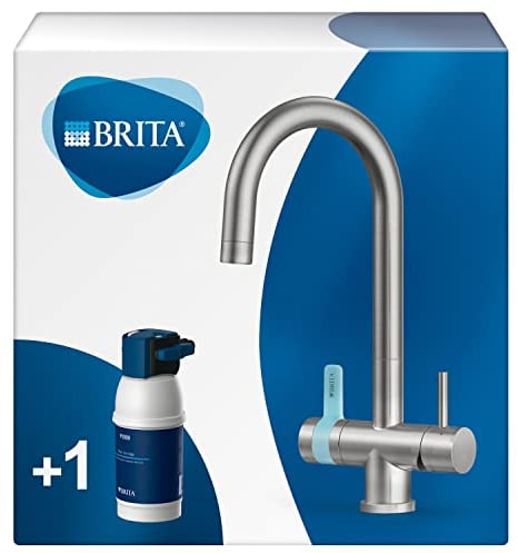 BRITA 3-Wege-Küchenarmatur (Edelstahl, rund) inkl. 1 x BRITA P 1000 Wasserfilter – Küchenarmatur für gefiltertes und ungefiltertes Wasser direkt aus der Leitung