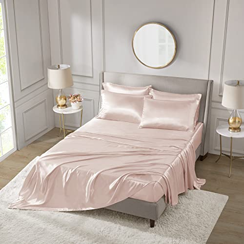 Madison Park Essentials Satin Sheets Cal King Size Bed Set, 6 Piece, Blush