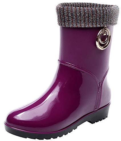 ANUFER Donna Elegante Punta Rotonda Metà Polpaccio Stivali da Pioggia con Fodera Removibile Viola SN021240 EU39.5