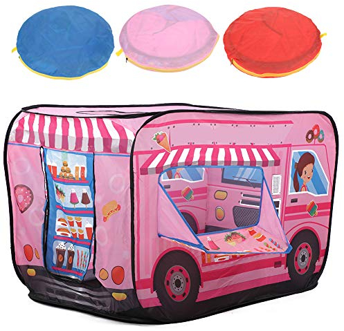 YOUTHINK Eiswagen Polizist Bus Kinderzelt Faltbarer Feuerwehrauto Spielspiel Haus EIS Und Böckerei Spielzelt(Pink)