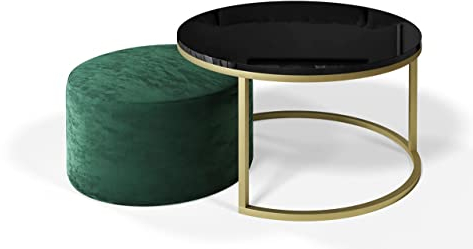 lukmebel Couchtisch CIRI mit Polsterhocker mit Tisch Modern Kaffeetisch Gold Matt/Marmor mit Flaschengrünem Sitzhocker