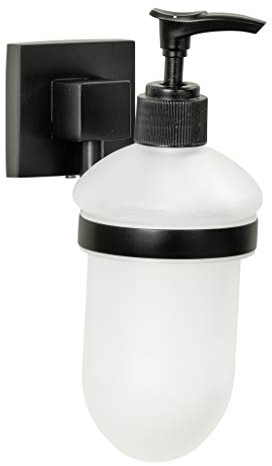 FACKELMANN Seifenspender New York/Glas Seifenspender mit Wandhalter/Maße (B x H x T): ca. 7 x 17 x 11 cm/Accessoire fürs Badezimmer & WC im Industriedesign/Halterung: Schwarz/Glas: Weiß
