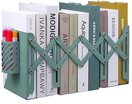 MSDADA Buchstützen Verstellbar Erweiterbar Metall Retractable Book End, Buchständer Zeitschriftenordner rutschfeste Bücherhalter Mit Abnehmbarem Stifthalter für Küche Büro Schule Bibliothek(Grün)