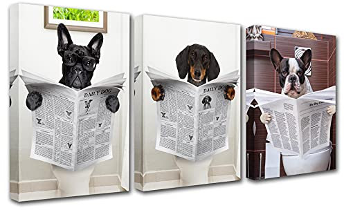 Walarky Barthroom Decor Peintures Anthropomorphique 3 panneaux sur toile Chien lisant un journal Art mural Chien assis sur les toilettes Décoration d'intérieur moderne avec cadre giclée Prêt