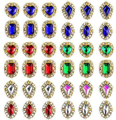 HOINCO 36Pcs Nail Art Rhinestones, AB Iridescent Big 3D Nail Charms, Crystal Decorations, Chrome Metal Alloy Hearts Kit