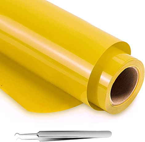 Heat Transfer Vinyl,12In x 10Ft,Yellow HTV Vinyl Roll for Cricut & Cameo,Yellow Iron on Vinyl for T-Shirts,Equipped with a Hooked Tweezers Easy to Cut & Weed(Yellow)