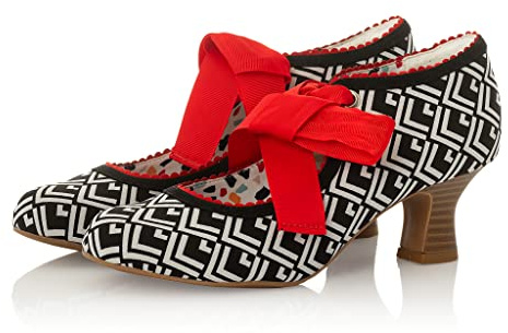 Ruby Shoo Women's Peyton Low Heel Ribbon Up Shoes Black White UK 8