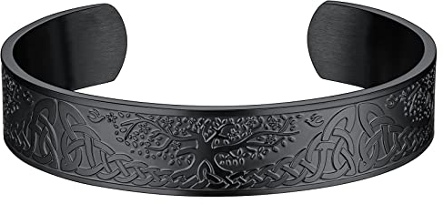 FaithHeart Men Bracelet Black Plated Tree of Life Adjustable Bracelets Stainless Steel Cuff Bangle for Husband Father