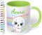 Kinder-Tasse mit Namen „Weiße Katze mit Regenbogen-Motiv“ – personalisierte Namenstasse für Jungen und Mädchen - rundum bedruckt – schönes Geschenk zu Weihnachten, Geburtstag (Hellgrün)