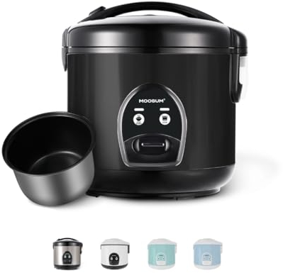 MOOSUM Cuiseur de Riz & Commande à Un Bouton, 0,8L - 5CUP, Pour 2-5 Personnes, Préparation Rapide Sans Brûler - Avec Fonction de Maintien au Chaud Inclus Panier Vapeur, Cuillère et Verre Doseur, Noir
