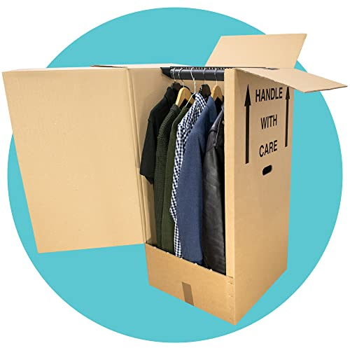 Triplast 3 x Cardboard Wardrobe Box (20x18x38in) – Heavy Duty & Portable Hanging Garment Carrier with Hanger Rail, Easy Access Door & Large Volume – Pack Clothes for Moving House, Shipping & Storage