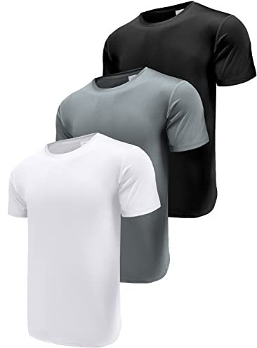 3 Pack T Shirts for Men, Moisture Wicking Dry-Fit Short Sleeve T-Shirts, Athletic Running Gym Workout Sports Tee Tops Black/White/Grey-3P11-M