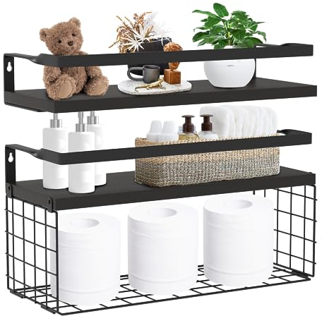 piorlado Wooden Wall Shelf, 40 cm, with Metal Storage Basket, Black, Floating Shelf, Set of 2, Modern Decorative Shelf Wall for Bathroom, Bedroom, Living Room, Kitchen, Home Office, Laundry Room
