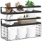piorlado Wooden Wall Shelf, 40 cm, with Metal Storage Basket, Black, Floating Shelf, Set of 2, Modern Decorative Shelf Wall for Bathroom, Bedroom, Living Room, Kitchen, Home Office, Laundry Room