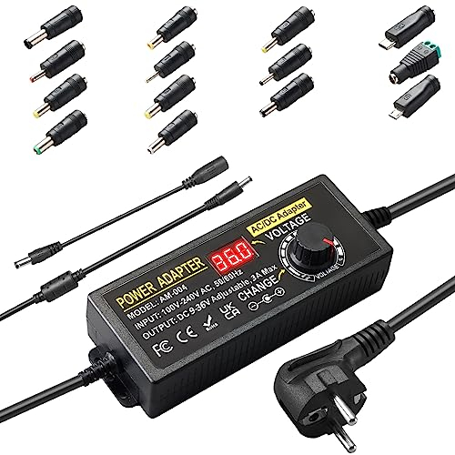 3A 108W Einstellbares Netzteil,Universal Netzteiladapter 9V-36V Verstellbarer Netzadapter 100V-240V AC to DC mit 14 Spitzen & Polaritätskabel für Haushaltselektronik,LED-Streifen,3000mA Max