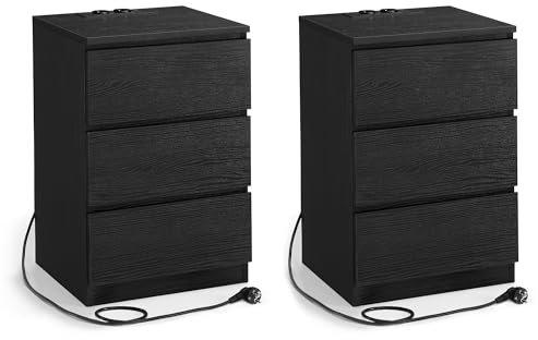 VASAGLE Kailyn Collection - Table de Chevet avec Multiprise, Lot de 2, Table d’Appoint avec 3 Tiroirs, 2 Prises CA, 2 Ports USB, pour Salon, Chambre, Bureau, Moderne, Noir Boisé LET831B56