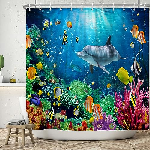 ASDCXZ Meeresboden Duschvorhang 180x200 cm, Blau Ozean Bunt Unterwasserwelt Delfin Fisch Koralle Bad Waschbar Duschvorhänge Polyester Textil Wasserdicht Badevorhang für Badewanne mit 12 Haken