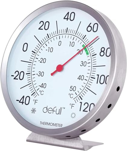12,7 cm großes Zifferblatt Innen- und Außenthermometer – batteriefrei, Dual-Skala -40 °C bis 50 °C, Edelstahl mit Wandhalterung oder Tischständer für Zuhause, Terrasse, Garage