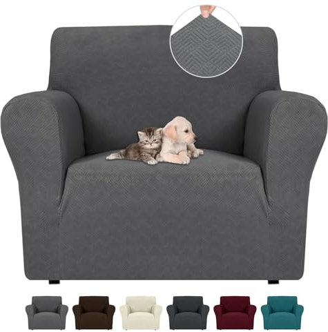 Ystyle Stretch Sofa Überzug 1 Sitzer, Sesselschoner rutschfest Mit Armlehne, Elastische Couch Überzug Jacquard, Universal Sofa Cover Moderne, Sofaschoner Hund Katze Wohnzimmer, Hellgrau