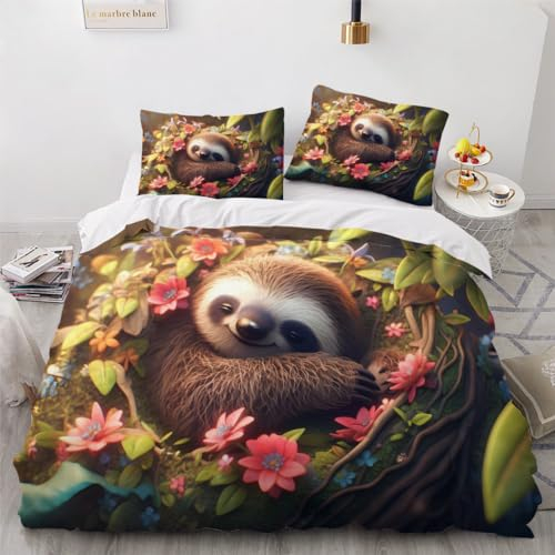 DILANI Bettwäsche 135x200 Kinder Faultier 3D Bettwäsche-Set 3 Teilig Süße Tiere Weiche Microfaser Bettbezug mit Reißverschluss und Kissenbezug 80x80cm für Mädchen Jungen Kinder