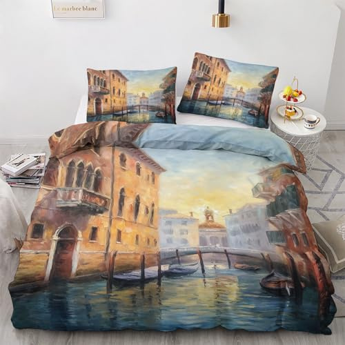 GEDAEUBA Venedig Bettwäsche 135x200 - Italienische Stadt Bettbezug 135 x 200 2er Set, Wendebettwäsche und Kissenbezug 80x80, Weiche & Angenehme Mikrofaser Bettwäsche-Sets mit Reißverschluss