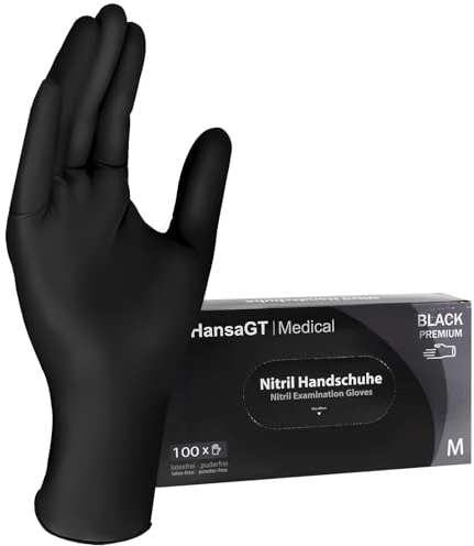 HansaGT Medical Einweghandschuhe Schwarz M 100 Stück Nitrilhandschuhe puderfrei, Handschuhe Einweg latexfrei, reißfeste Gummihandschuhe, für Kochen, Reinigen, Tattoo & Nagelpflege