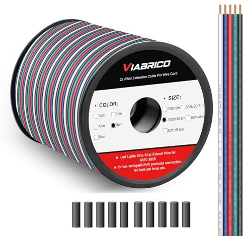 VIABRICO 100ft RGBW LED Extension Cable 22 Gauge 5Pin 12V DC Electrical Wire 5 Colors 22AWG Wires with 10PCS shrinkable Tubes for RGBW 3528 5050 Led Strip Copper Clad Aluminum Copper Wire