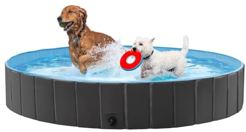 Yaheetech PVC Foldable Pet Paddling Pool Dog Swimming Pools Portable Puppy Extra Large Bathing Tub with Brush for Indoor Outdoor 180 x 30cm Black