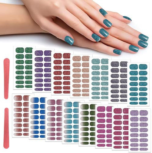 15 Blatt Glitzer Nagelsticker mit 2 Nagelfeile, Nageldesign Zubehör, Nagelsticker Aufkleber, Art Nail, Selbstklebend Nagelaufkleber für Damen, Mädchen, Nagelkunst, Maniküre Nageldesign
