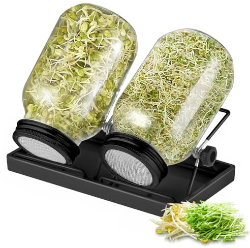 ecooe Sprossen Keimglas Schwarz 2er Set keimgläser für Sprossenglas Sprouting jar mit 1 Wasserschale 2 Filtergitterabdeckungen aus Edelstahl 304 und 2 Ständer