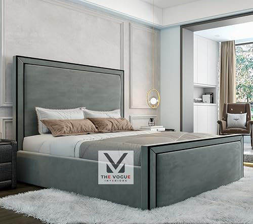 THE VOGUE Interiors Upholstered Bed Frame | Ottoman Storage Bed Frame | Plush Velvet Bed Frame With Black Thread | Double King,Super King Bed Frames (Grey Plush Velvet, 4FT6 DOUBLE)