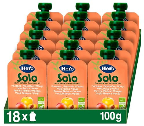 Hero Solo - Gourde de Fruits Bio Pomme Pêche Mangue et Jus de Citron - Sans Conservateurs Additifs Colorants Huile de Palme Gluten ni Sucres Ajoutés Dès 4 Mois 100gx18 unités