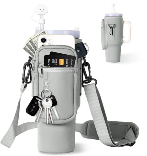 JLLYGOUS Tragetasche für Stanley Cup 40oz | Stanley Quencher Zubehör | Stanley Cup Tasche mit Handytasche, Tragegriff Verstellbarer Schultergurt Karabiner Strohhülle (Grau)