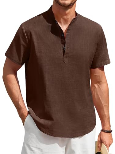 Enlision Mens Linen Shirts Short Sleeve Grandad Shirt Brown Collarless Shirts for Men UK Summer Casual Beach Holiday Solid Color Henley Tops L