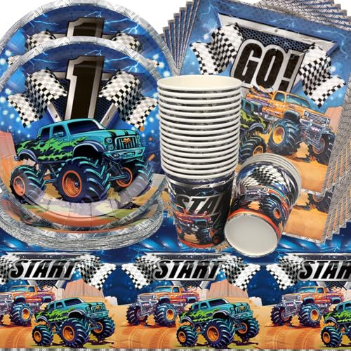 Rennwagen Geburtstag Deko,Doyomtoy 61 Stück Racing Car Partygeschirr Teller Tassen Servietten Monster Truck Geburtstags für Kinder Motto-Party