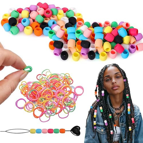 ARefugen Lot de 100 perles en silicone et élastiques à cheveux – Perles arc-en-ciel douces et colorées pour tresses, accessoires de cheveux, dreadlocks pour enfants filles et femmes (2 tailles : L et