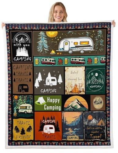 Loussiesd Camping Decke 150x200cm für Jungen Mädchen Camper Kuscheldecke Happy Camping Wohndecke Wohnmobil Couchdecke Camping Gadgets Wohnmobil Wohndecke Für Kinder Thema Wald Adventure