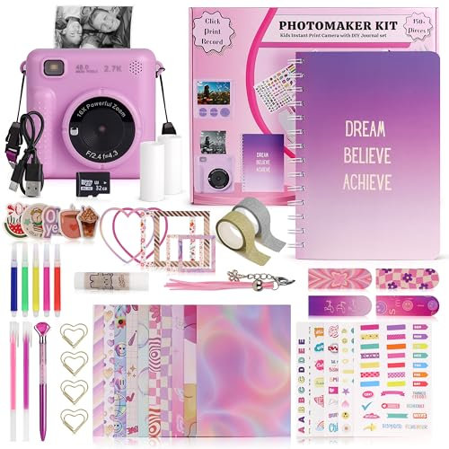 FINcredible Photomaker Kit – Cámara de impresión instantánea para niños más Kit de Diario de Bricolaje para niñas – 150 Piezas de Diario Adolescente y cámara para niñas – 6 7 8 9 10 11 12 13 14 años