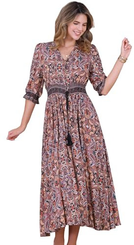 Allegra K Women's Boho Floral Maxi Dress Half Puff Sleeve V Neck Smocked Waist Summer Beach Flowy Dresses Brown XL
