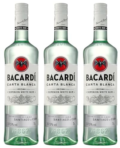 BACARDÍ Carta Blanca Ron Blanco Superior, 37,5 % ALC., 100 cl / 1 L, Ron Caribeño Icónico, Perfecto para Cócteles (Paquete de 3)
