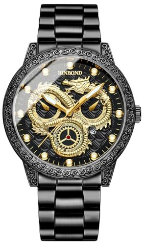 OIDEA Uhren Herren Armbanduhr Drachen: Herrenuhr Analog Quarz 3 Zeitzone Uhr mit Beleuchtenden Zeiger Kalender Edelstahl Armband Geschenk für Männer Freund Schwarz